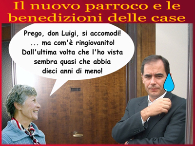 La goccia d'imbarazzo sul volto di don Bruno non è un fotomontaggio